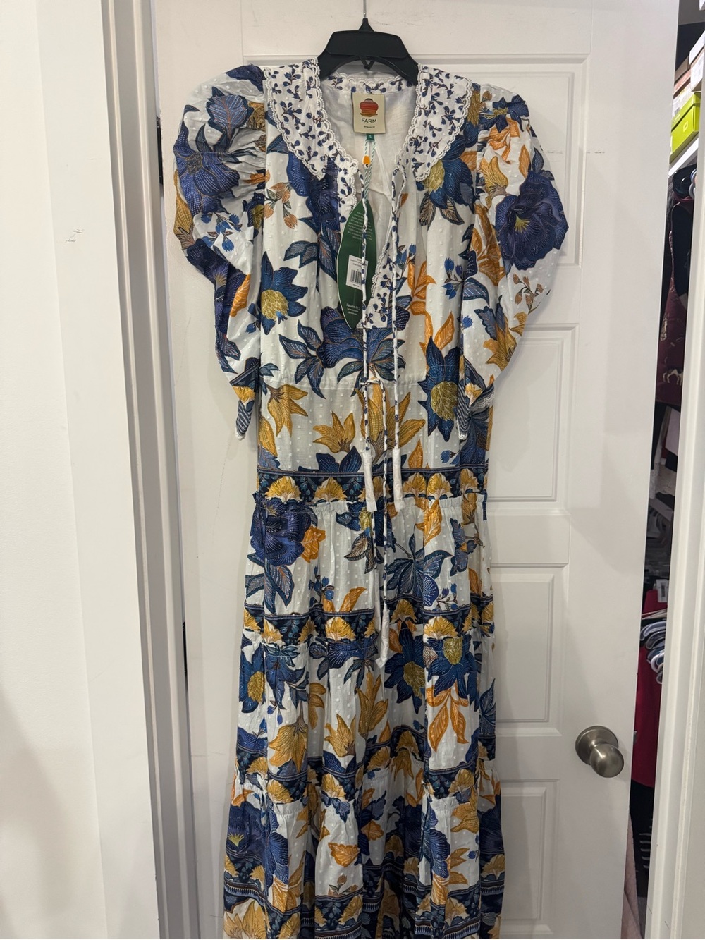 FARM Rio White Maxi Dress with Blue & Mustard Floral Print